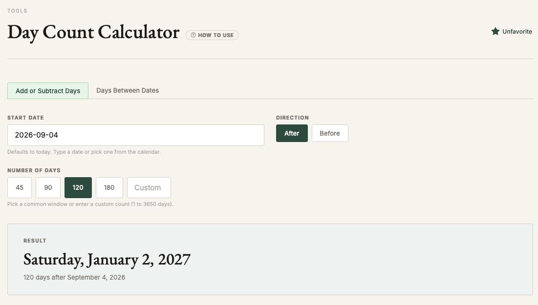 LIHTC.guide Day Count Calculator screen showing a start date, a 120-day preset, and the resulting date