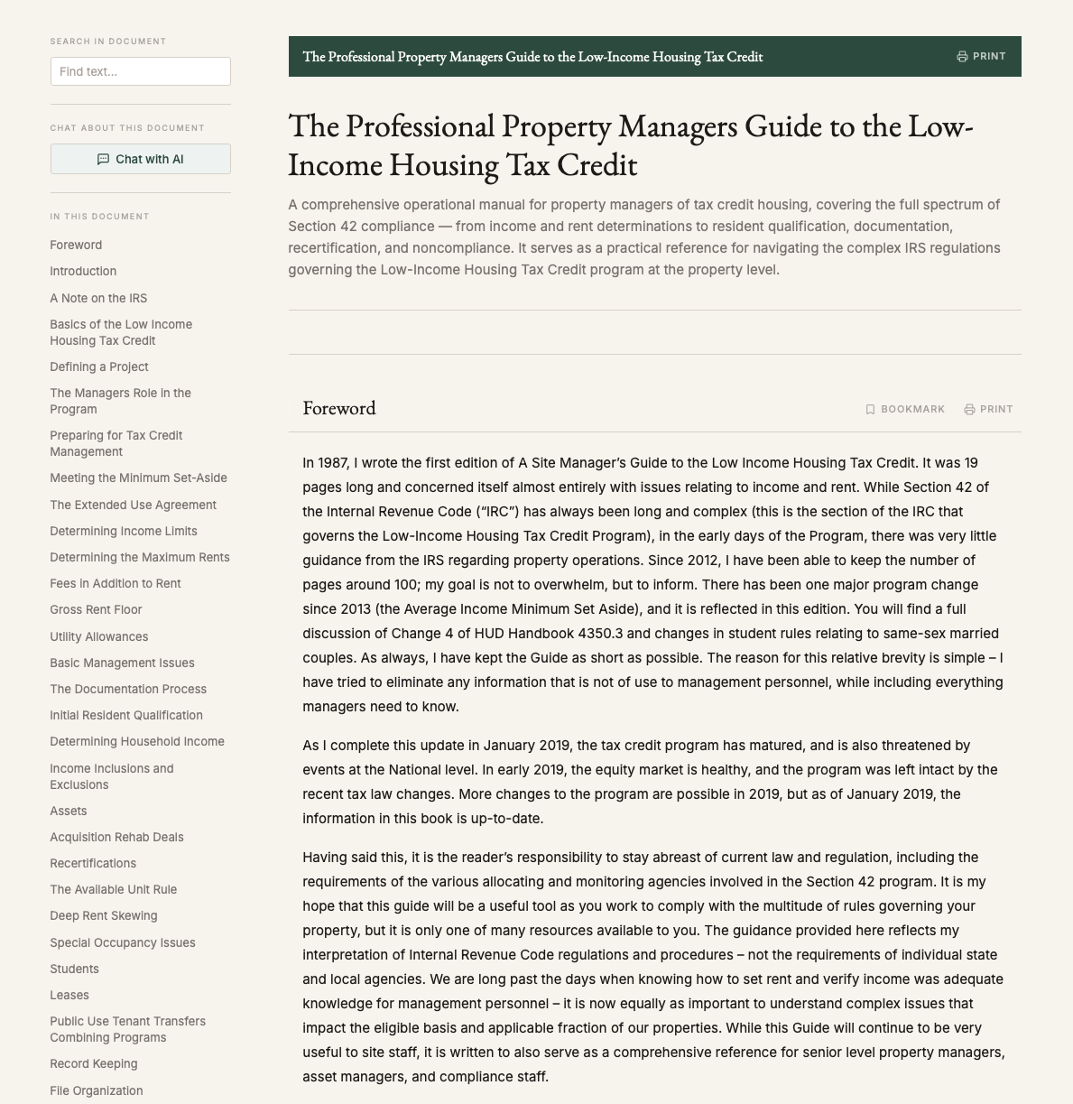 In-app reading view of The Professional Property Manager's Guide to the Low-Income Housing Tax Credit, with a chapter table of contents