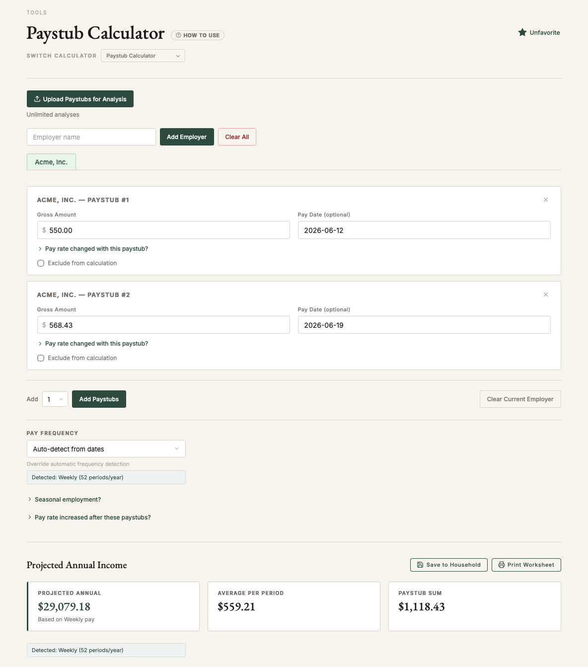 LIHTC.guide Paystub Calculator showing employer paystub entry and a projected annual income of $29,079.18