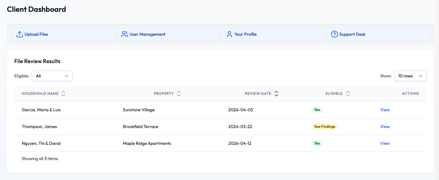 Client Dashboard showing File Review Results table