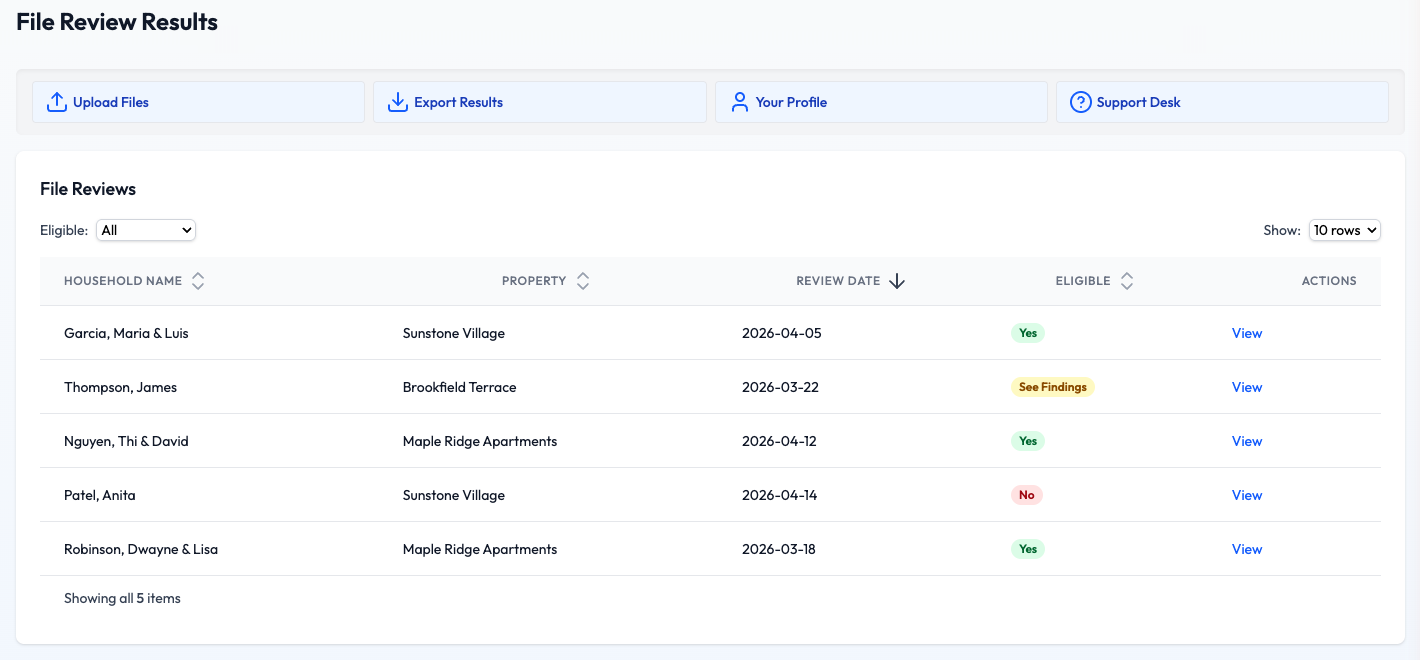 File Review Results table with Eligible column and View actions