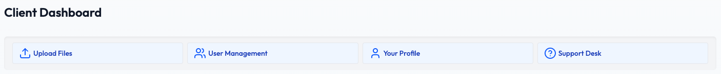 Dashboard quick actions bar with Upload Files, User Management, Your Profile, and Support Desk buttons