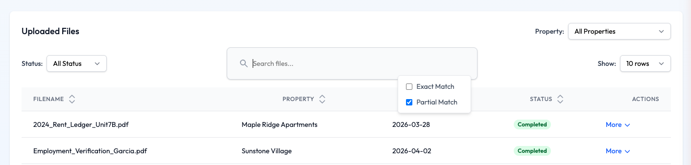 Uploaded Files table with Search and match options