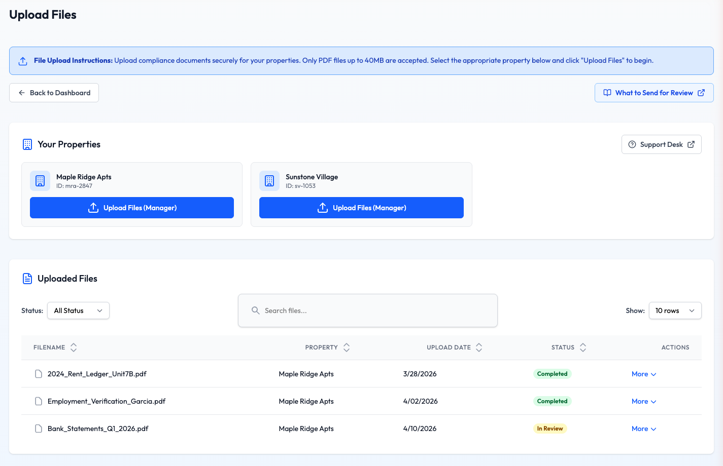 Upload Files page showing property cards with Upload Files buttons
